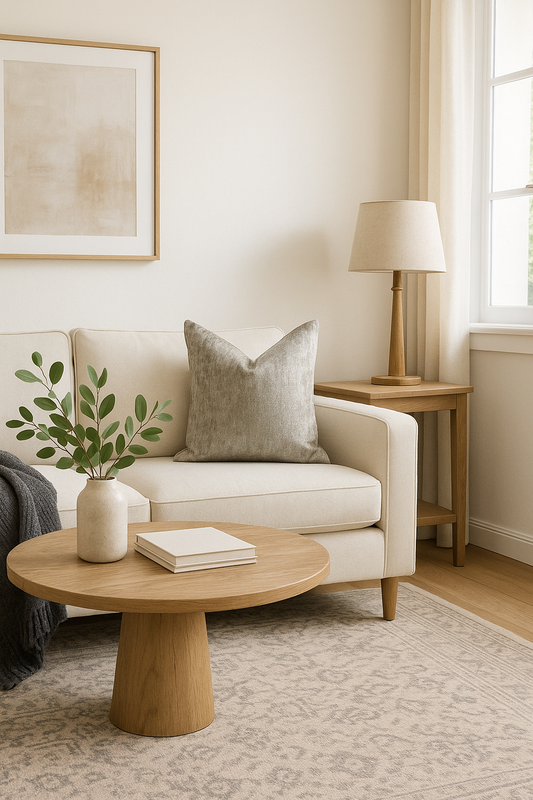 Sterling Mist Cushion styled on neutral sofa perfect for modern and classic interiors - interiors by Zai