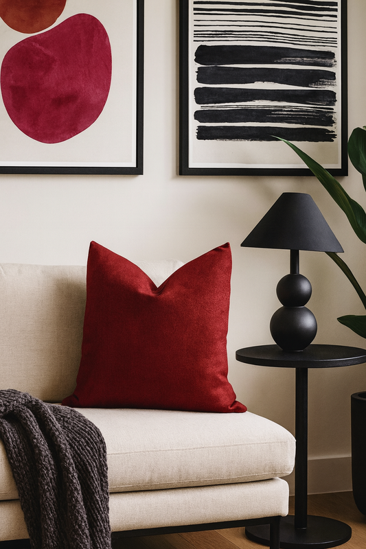 Ruby Luxe Cushion adding a pop of deep maroon to a light-toned living space | interiors by zai