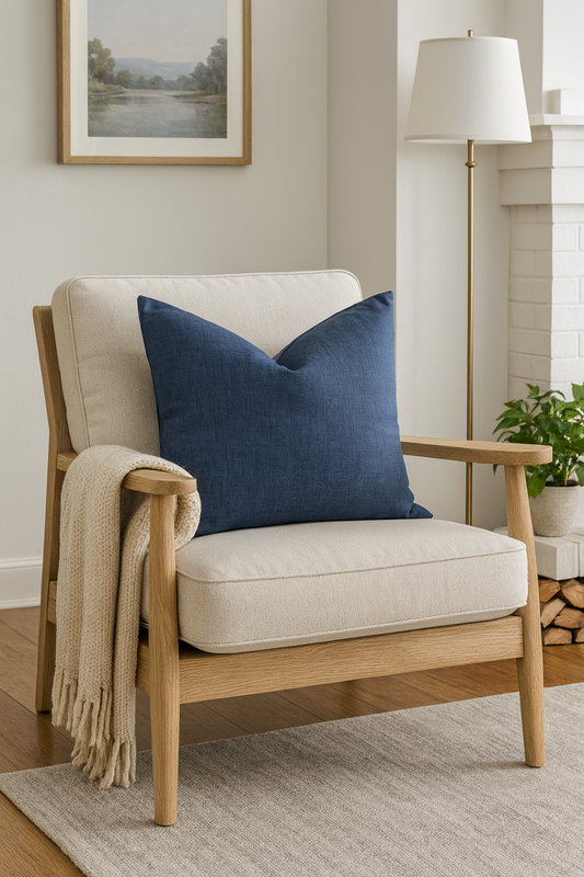Scandinavian style living room with ink blue cushion on armchair | interiors by zai