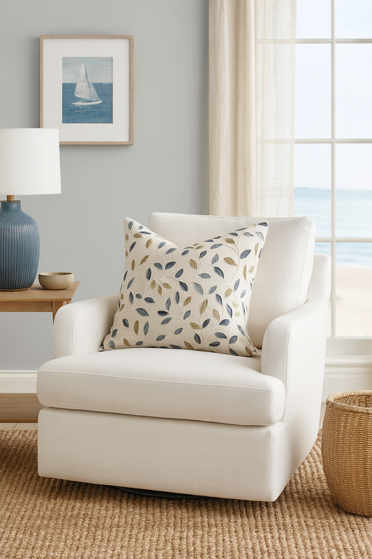 Azure Olive cushion styled on armchair for coastal interior | interiors by zai