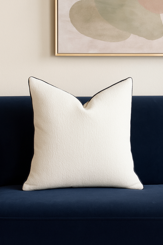 Noir Edge cushion styled on a navy sofa with modern artwork | interiors by zai