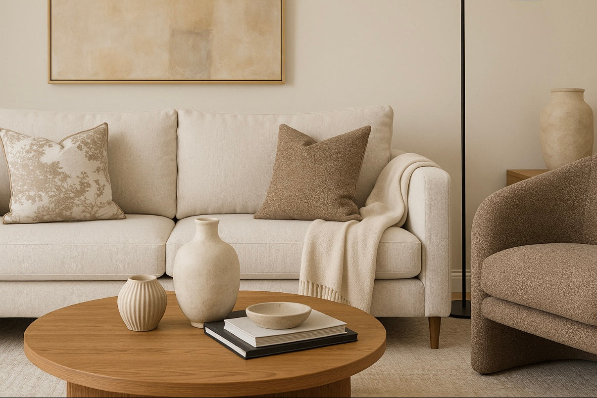 Living room setting featuring Dune Flora and sandhaven cushion as accent piece| interiors by zai