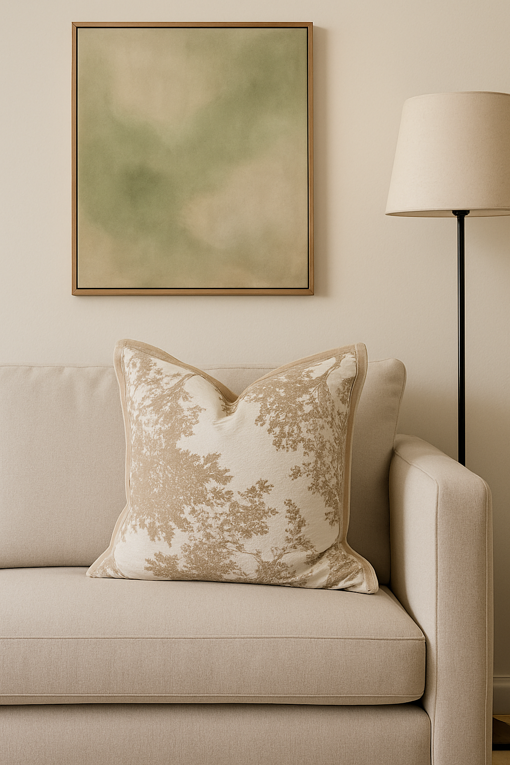 Dune Flora cushion styled on a cream sofa with artwork above. | interiors by zai