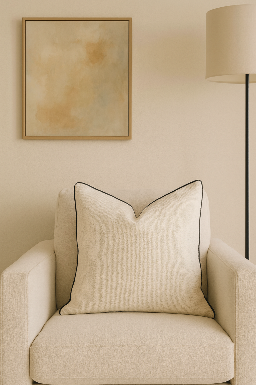 Noir Edge cushion placed on an armchair in a neutral living room| interiors by zai