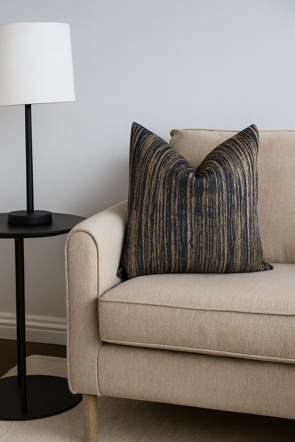 Midnight Sand Cushion in navy and beige tones styled on cream sofa | interiors by zai