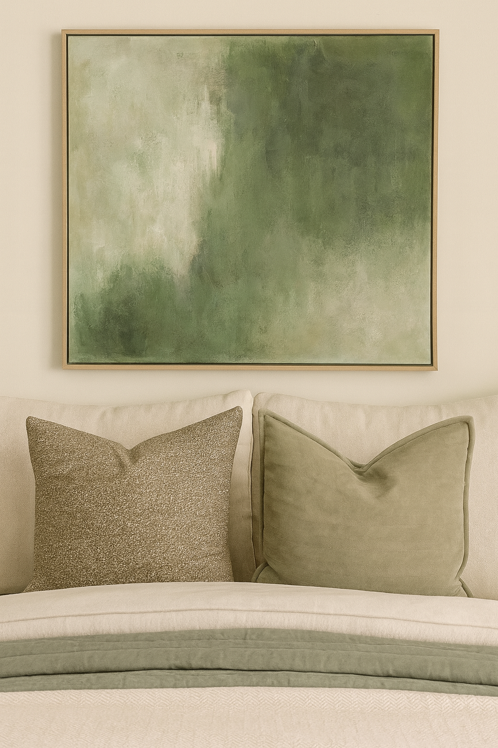 bedroom setting featuring Sandhaven and Sagewood cushion as accent piece| interiors by zai