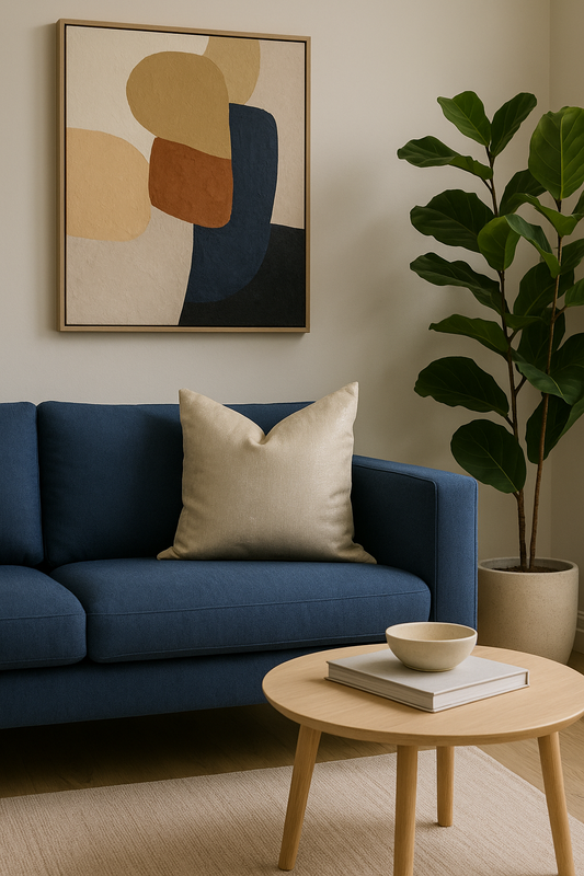 Champagne Gold Cushion on modern blue sofa | interiors by zai