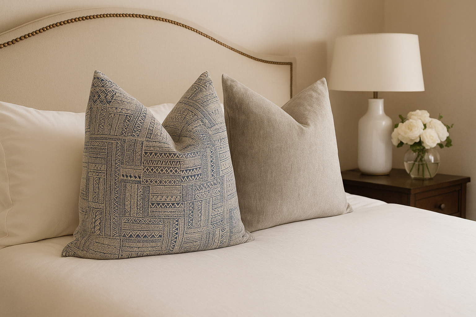 Nomad Indigo Cushion with Champagne cushion styled on bed | interiors by zai