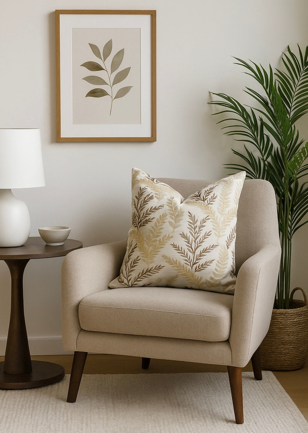 Willow Fern Cushion placed on a neutral armchair beside greenery

