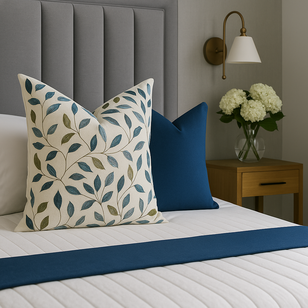 Azure Olive Cushion paired with ink blue cushion on grey scheme