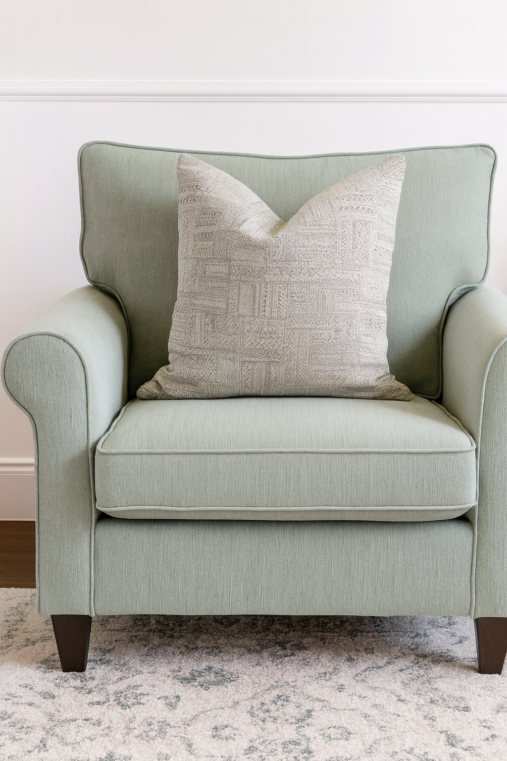Nomad Dune Cushion on cream armchair, adding artisanal texture in taupe and greige tones | Interiors by Kai