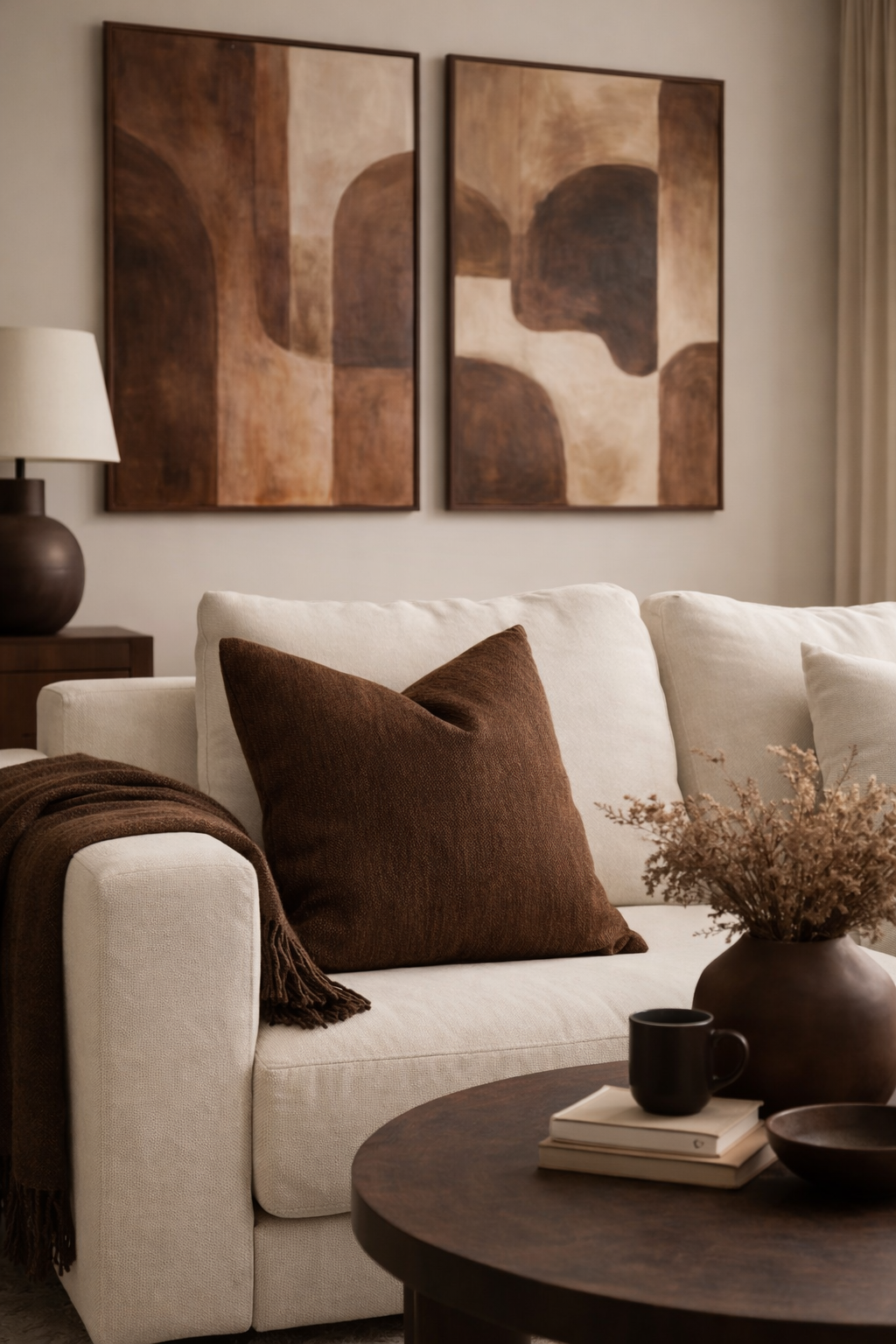 Sienna Drift cushion styled on neutral sofa in warm modern living room