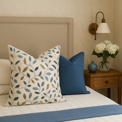Azure Olive Cushion paired with ink blue cushion on cream and warm base