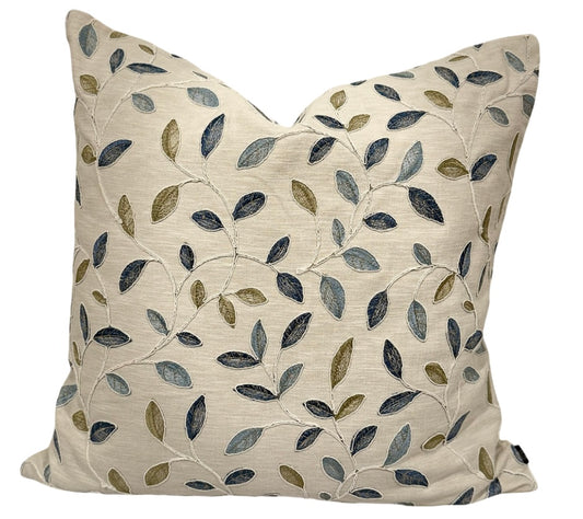 Azure Olive Cushion with embroidered navy, sage, and dusty blue leaves