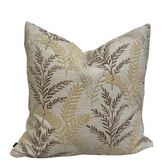 Willow Fern Cushion with embroidered beige and brown fern design