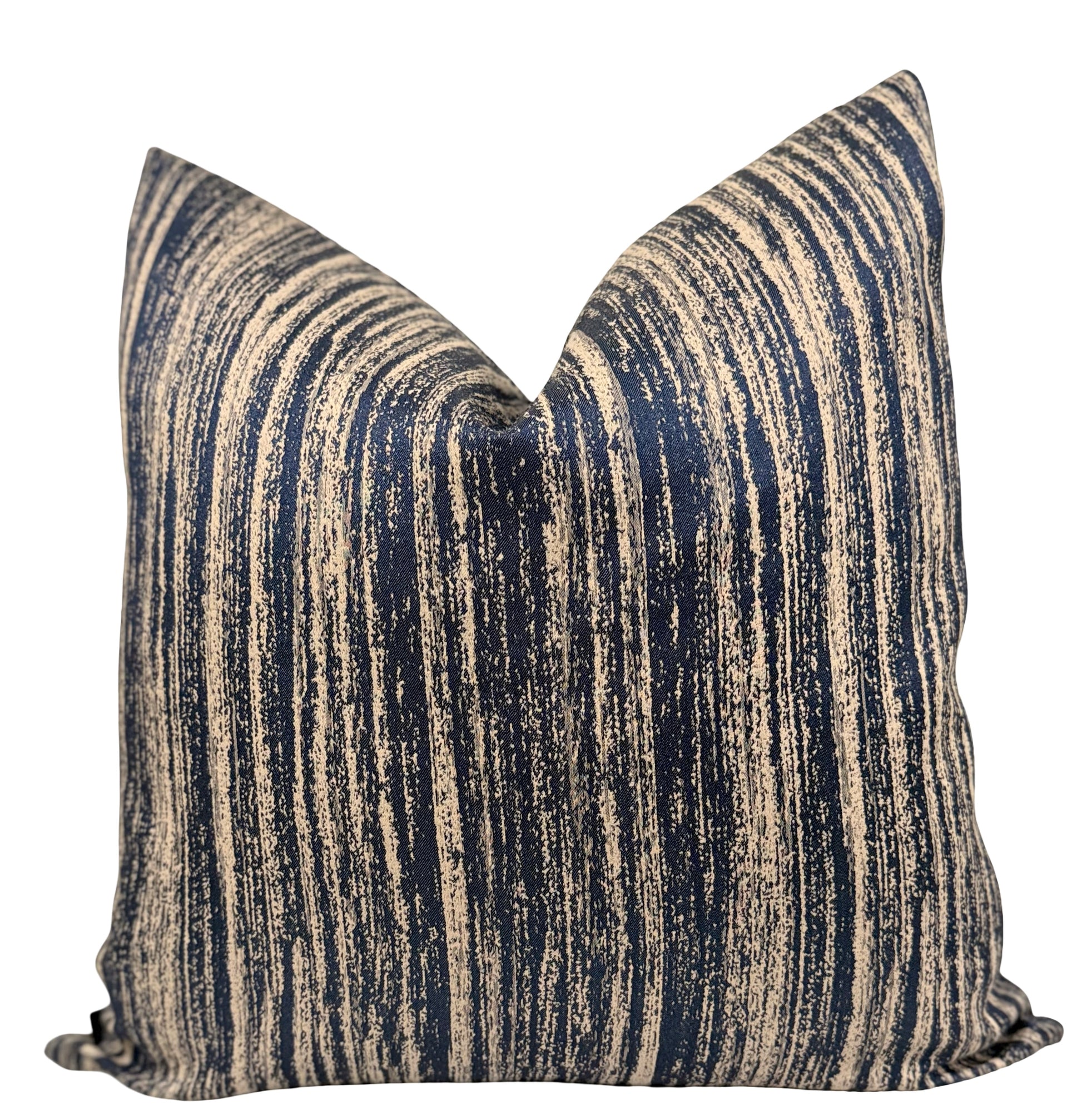 Midnight Sand Cushion showing navy and beige painterly linear design | Interiors by Zai