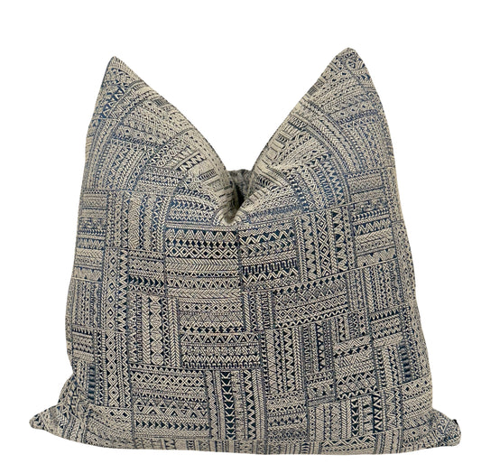 Nomad Indigo Cushion with silvery-grey tribal pattern | interiors by zai
