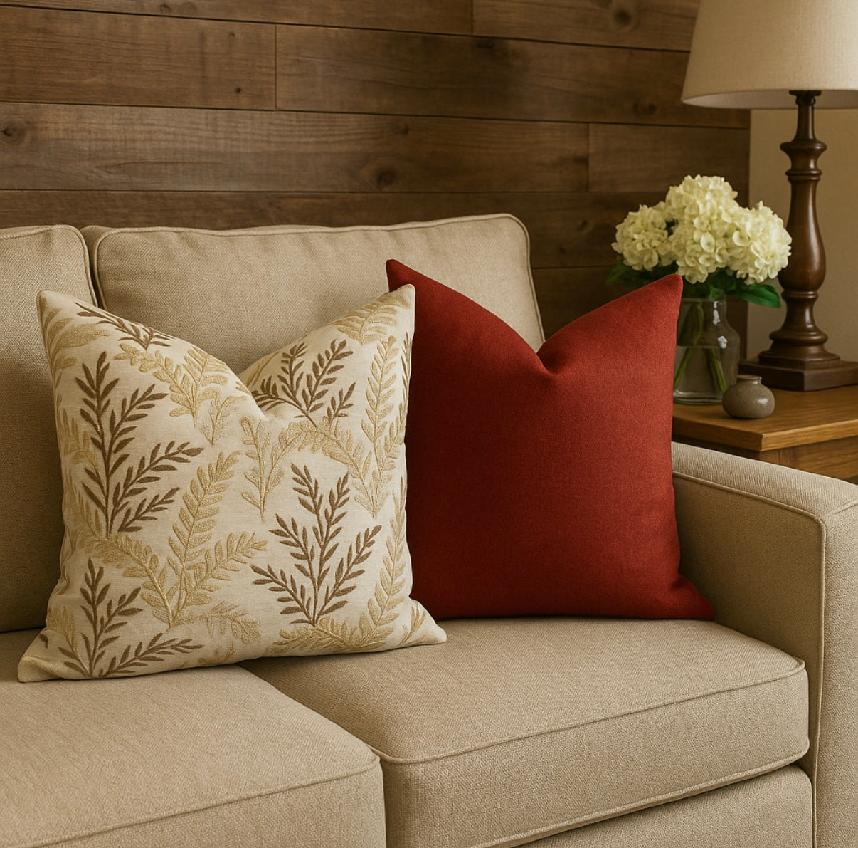 Beige sofa styled with Ruby Luxe Cushion and willow fern cushion creating a warm and traditional space | interiors by zai