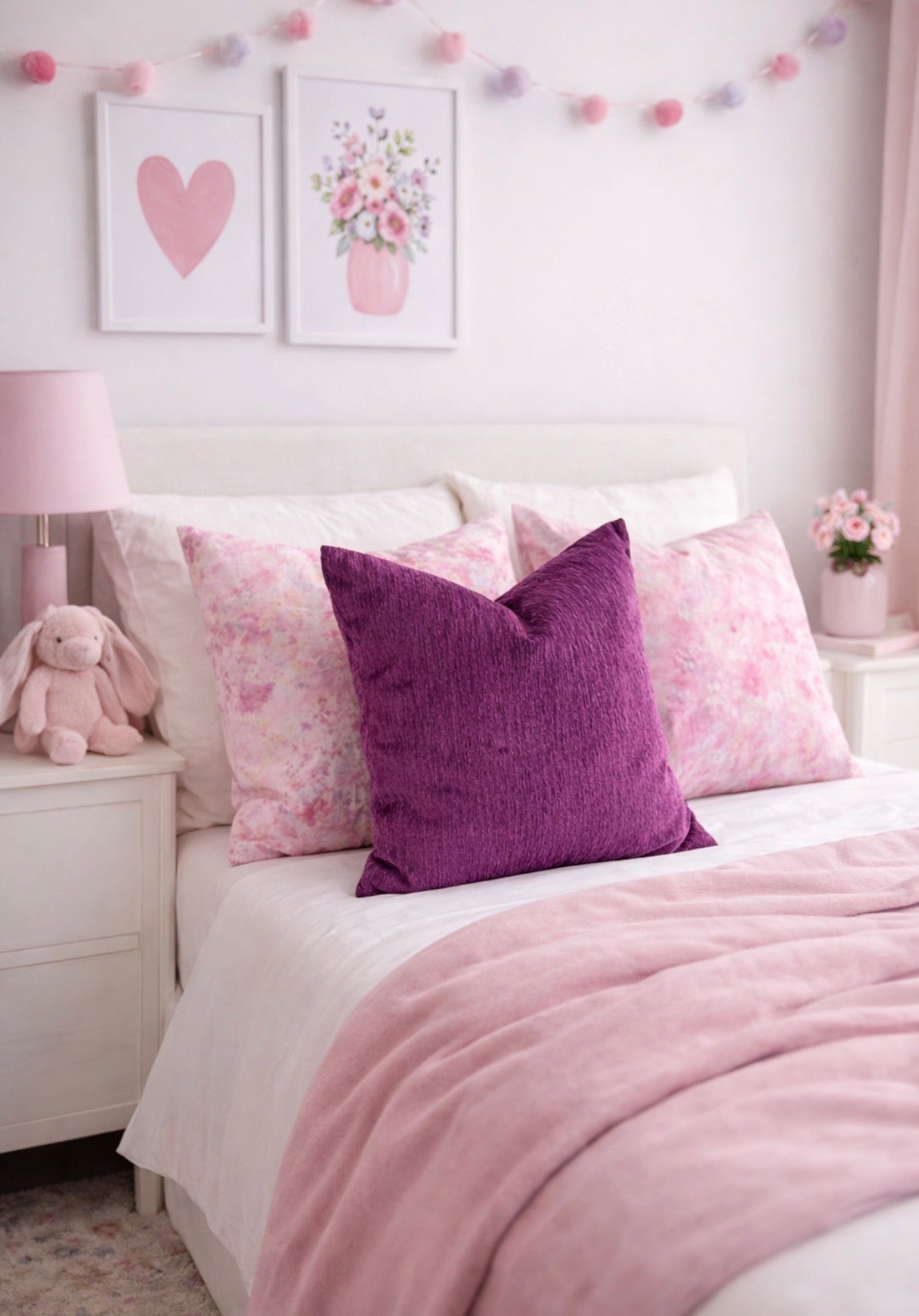 Mulberry Veil cushion styled on soft pink bedroom bedding
