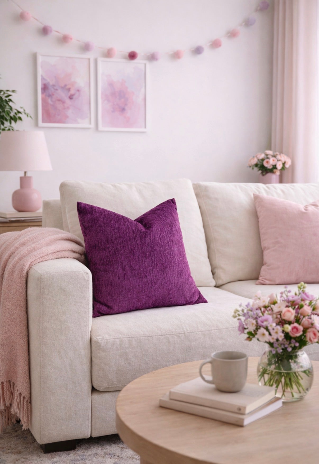Mulberry Veil cushion styled on neutral sofa in romantic living room