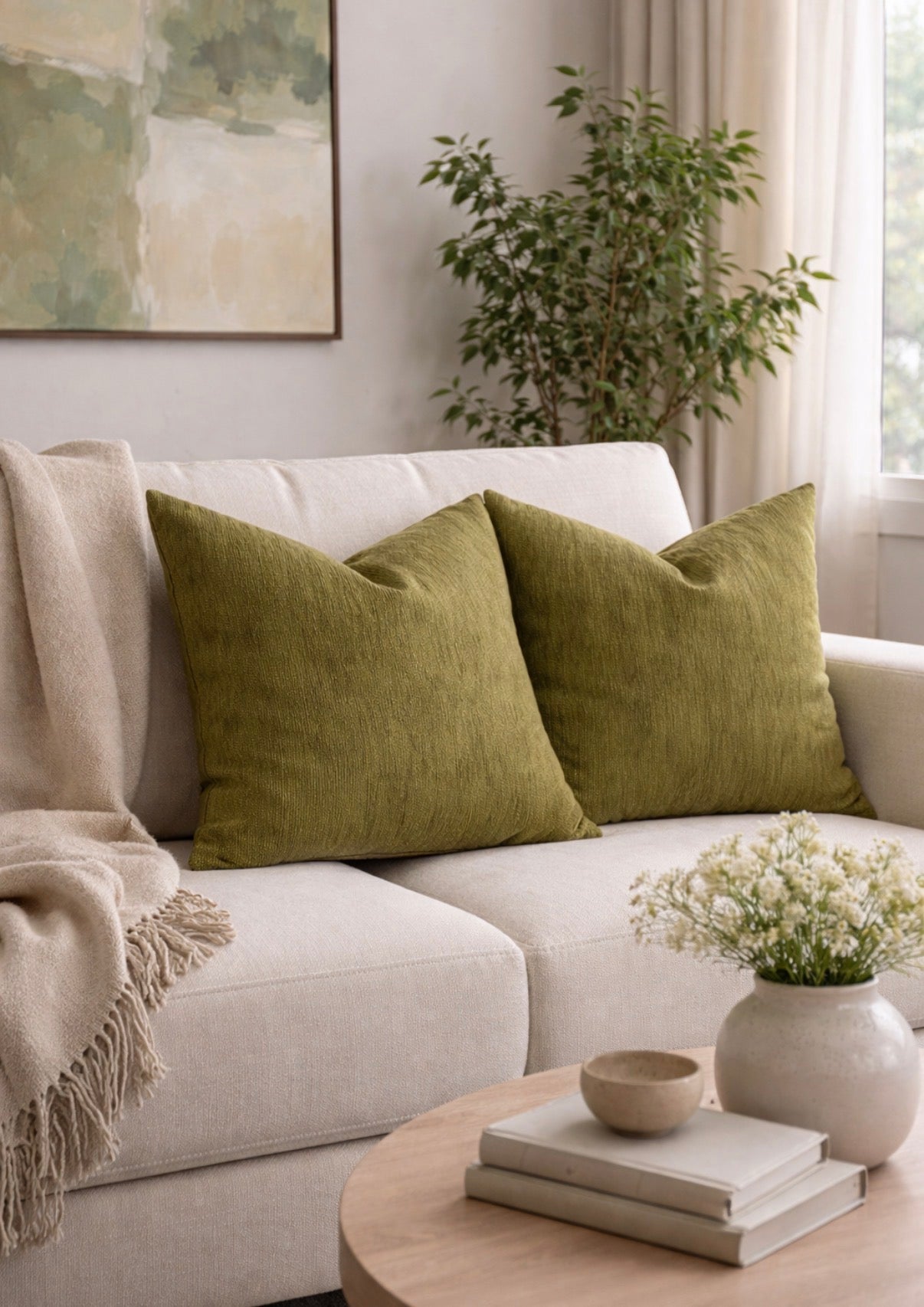 Olive Haven cushion styled on neutral sofa in warm living room