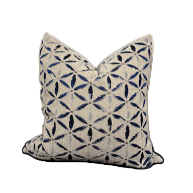 Midnight Tides cushion with navy and beige geometric design.