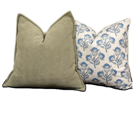 Pair of Bluebells and Sagewood cushions styled together.