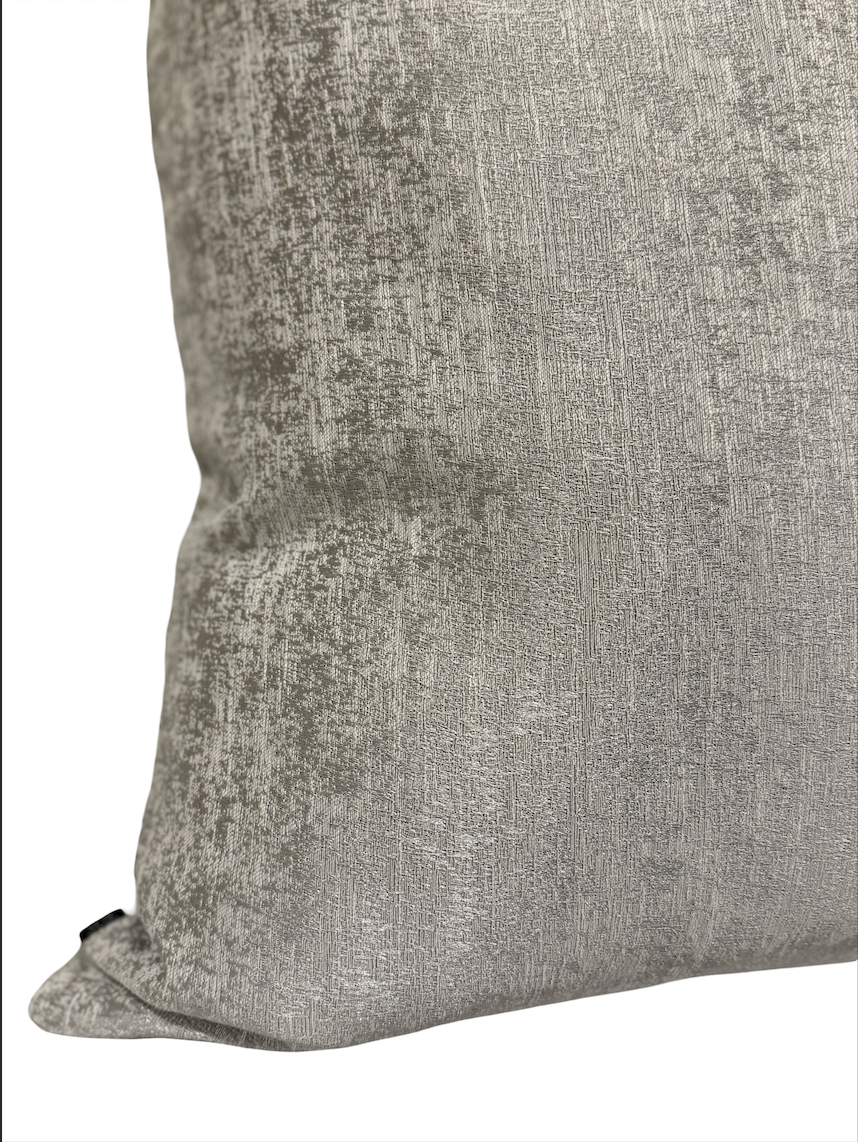 Close up of Sterling Mist Cushion showcasing textured silvery-grey details- interiors by Zai
