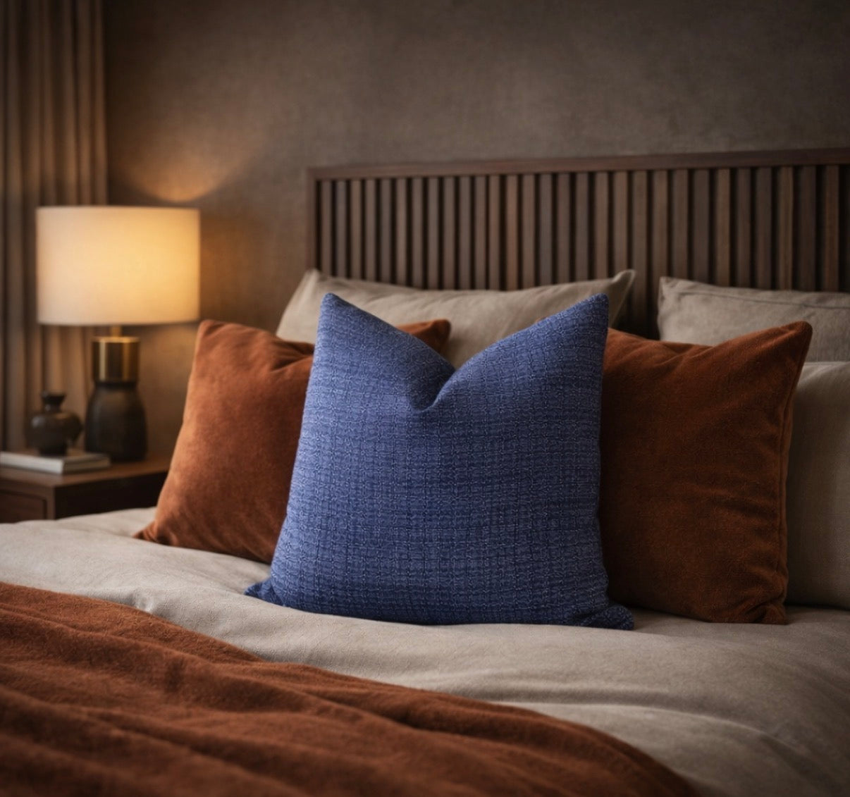 designer blue cushion styled on bed | Atlantic Blue