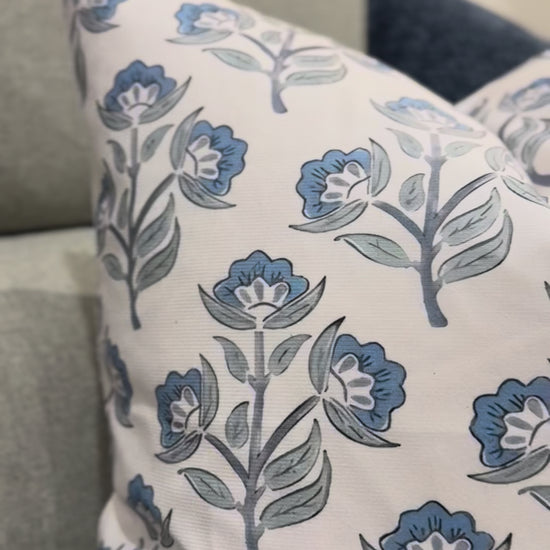 videoshowing floral linen detail of Bluebells cushion.