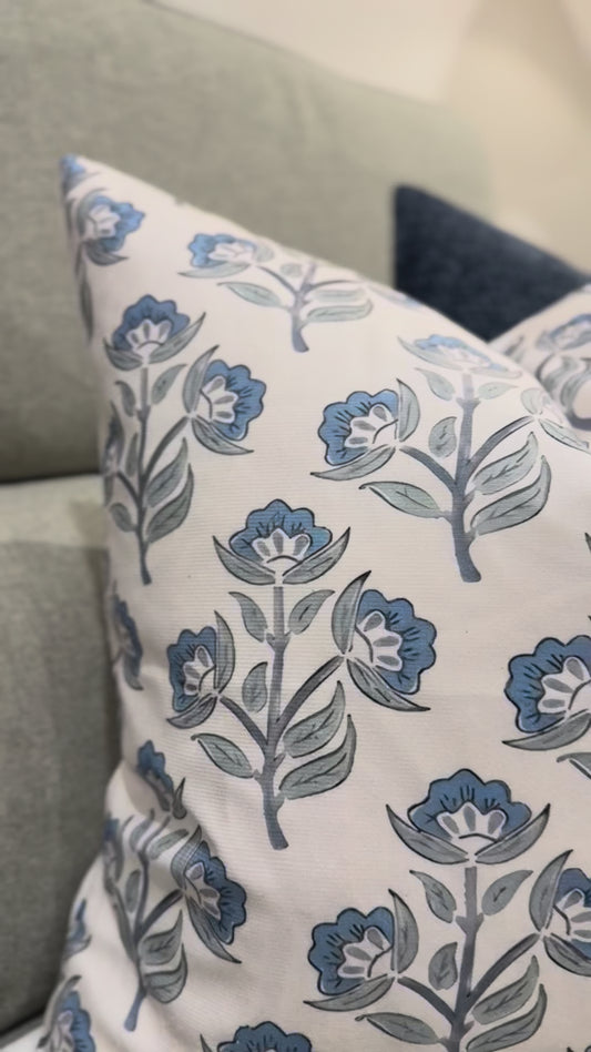 videoshowing floral linen detail of Bluebells cushion.